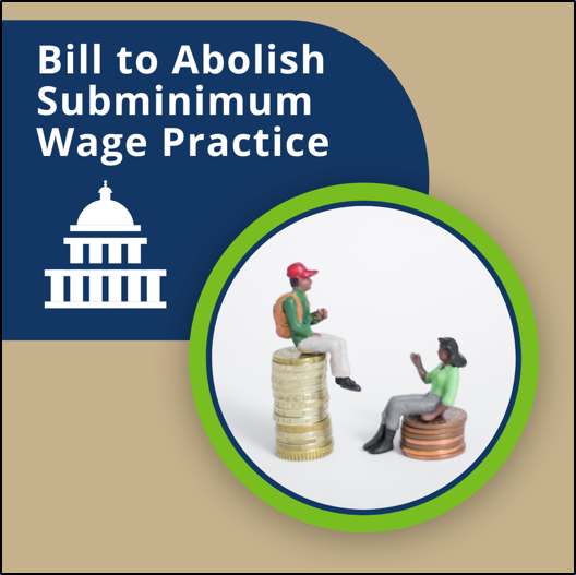 Bill to Abolish Subminimum Wage Practice. Capitol building and two people sitting on stacks of coins. One persons stack is taller than the other person's showing a wage gap